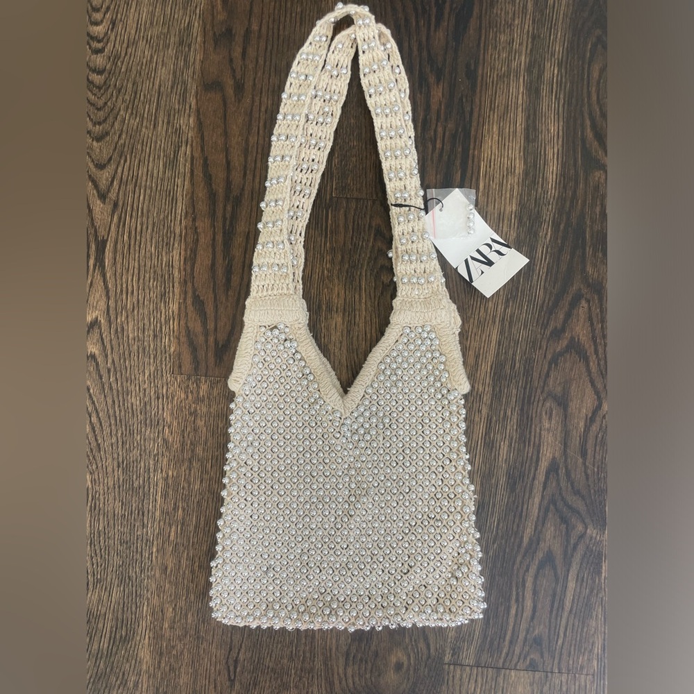 Zara Crocheted Bag with Silver Metal Studs . Double handle. NWT